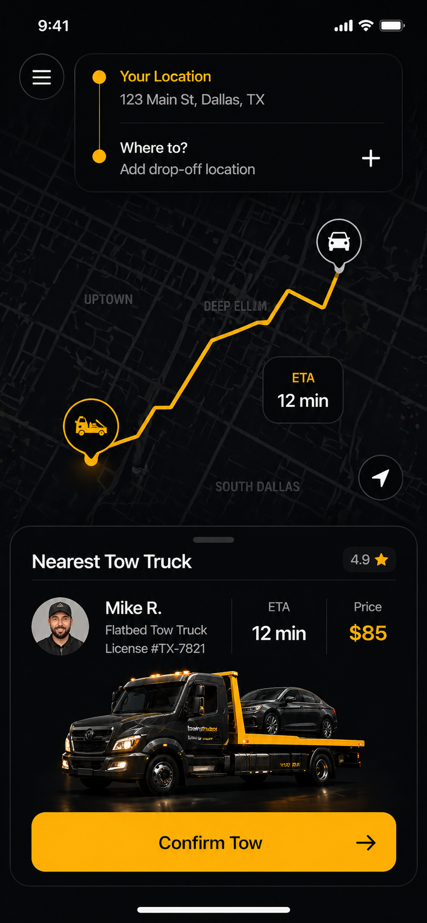 towingtruck.app live dispatch screen with map, ETA, and nearest tow truck